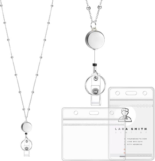 Prudiut Lanyards for Id Badges Stainless Steel Badge Lanyards with 2 Pcs Waterproof Id Badge Holder Retractable Id Badge Lanyards Teacher Lanyard for Cruise Ship Key Cards Id Badges