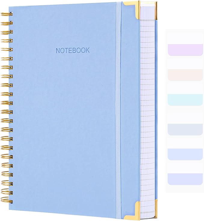 Spiral Notebook, College Ruled Notebook Journal, 7” x 10”, 300 Pages Leather Writing Journal for Women Men, B5 Hardcover Notebook for Work School, 24pcs Index Tabs, Light Blue