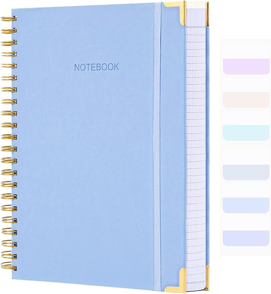 Spiral Notebook, College Ruled Notebook Journal, 7” x 10”, 300 Pages Leather Writing Journal for Women Men, B5 Hardcover Notebook for Work School, 24pcs Index Tabs, Light Blue