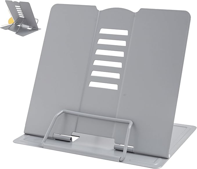 Metal Book Stand - Adjustable Holder for Reading (Full Grey)