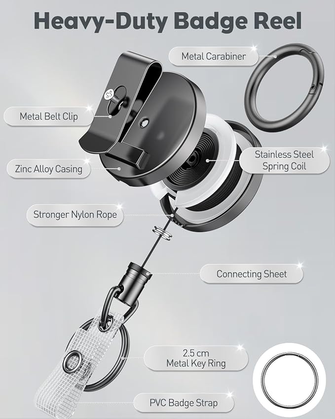 Uniclife 2 Pack Heavy Duty Metal Retractable Badge Reel for Badge Holder Retractable Keychain All Metal Casing with Stainless Steel Spring Coil 27.5" Nylon Rope Carabiner Belt Clip and Key Ring