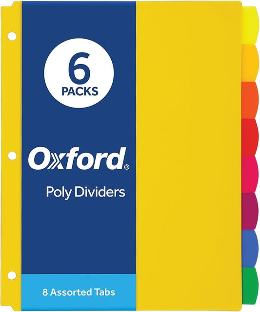 Oxford Plastic Binder Dividers for 3 Ring Binder, Durable Plastic Binder Divider, 8 Tab, Multicolor Tabs, 3 Hole Punched, Letter Size, 6 Sets (89601)