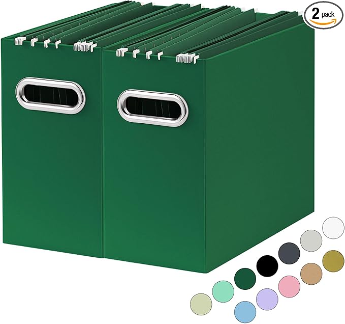 Oterri File Organizer, Small Storage Box, Cardboard File Folder Organizer, Collapsible File Box, Hanging File Organizer for Letter Size, Portable File Box with Handle, Only Box (Dark Green,2 Packs)