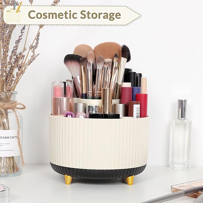 SKYDUE 360 Degree Rotating Desk Organizer, Dual-Purpose Pencil Pen Holder for Desk, Rotating Desk Pen Organizer with 5 Slots, Pencil Cup for Office, School, Home (Beige-Black)