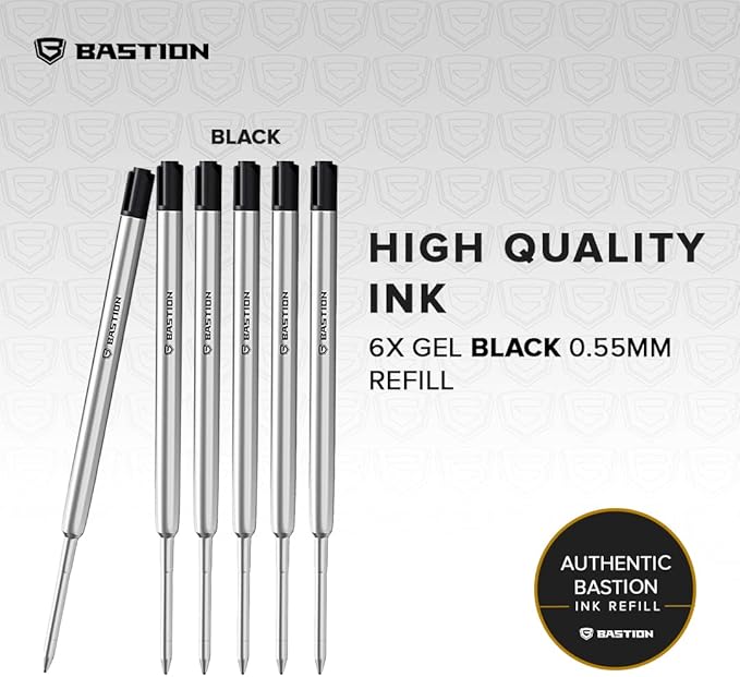 BASTION® Premium Pen Refill, Deeply Pigmented Ink for All Bastion Bolt Action Luxury Pens, Standard Ink Refill with 0.55mm Fine Tip - Black Gel, 6 PCs
