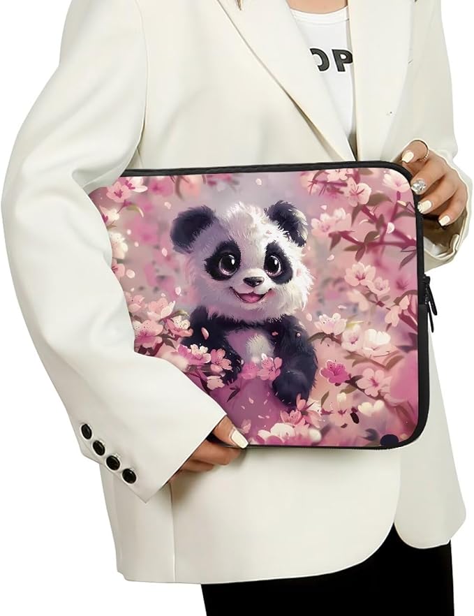 Panda Cherry Blossom Printed Computer Case Bag for Girls Boys, Washable 12 Inch Laptop Bag Carrying Case Laptop Briefcase Neoprene with Zipper, Compatible with Various Computers, Pink