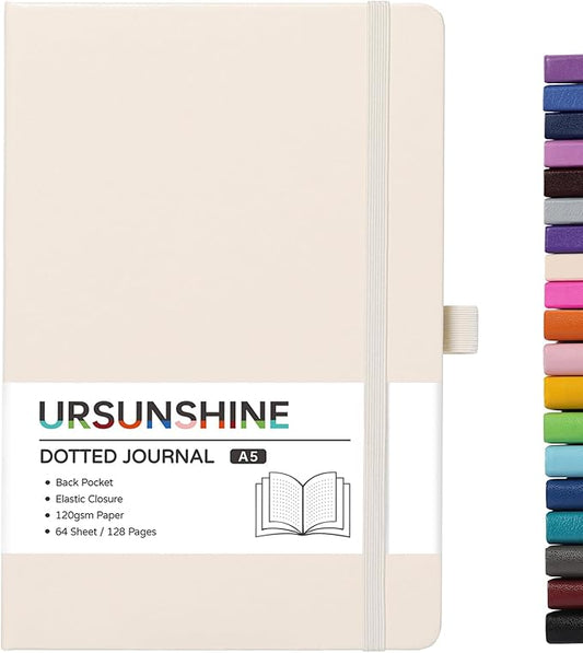 Dotted Journal/Notebook - Dot Grid Hard Cover Notebook, Premium Thick Paper with Fine Inner Pocket, Black Smooth Faux Leather, Pen Loop, 5.3'' x 8.26'' - Vanilla