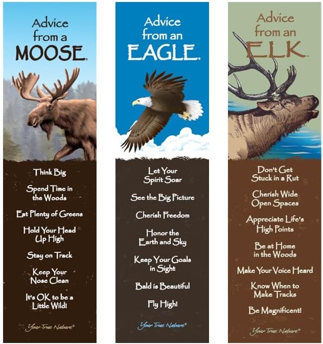 Advice from Nature 3 Bookmark Majestic Animals Set, Laminated with Glossy Finish, Printed on Recycled Paper - Moose, Elk, Eagle - Majestic Animals Set (AMBM-MAGANM)