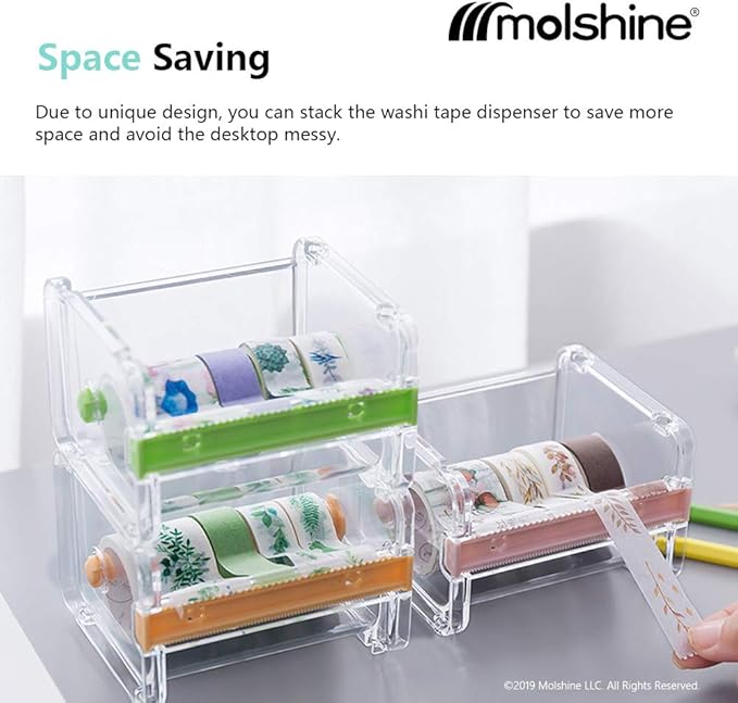 molshine 2 Pack Transparent Desktop Multi Washi Masking Tape Storage Dispenser,Tape Cutter,Tape Roll Holder (Not Include Masking Tape) (Beige)