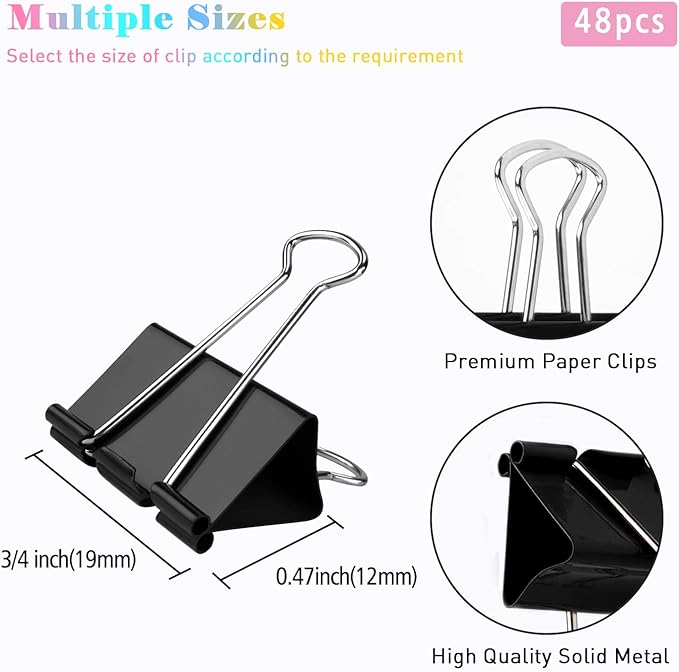 Small Binder Clips, 48 Pack, 3/4 Inch, Standard 19mm, Black, Capacity 0.31 Inch, Small Binder Paper Clips, Fold Clamp, Small Paper Clips, Office Clips, Micro Binder Clips