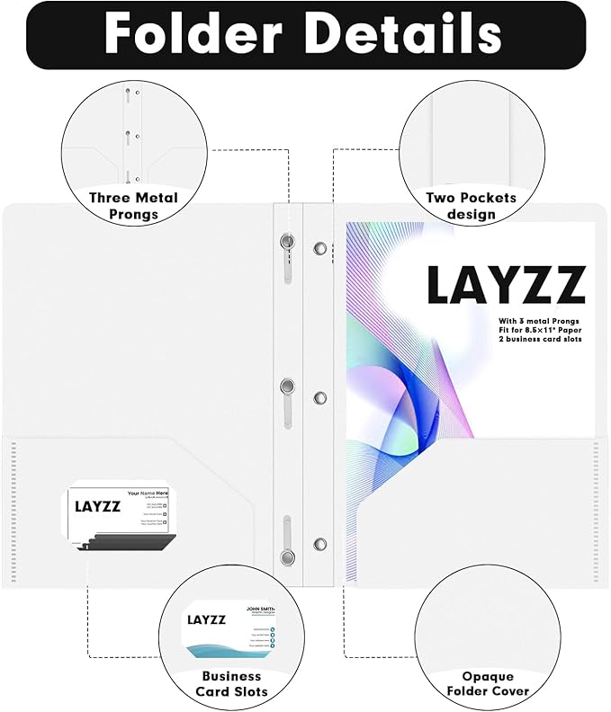 Plastic 2 Pocket Folders with Prongs, 30 Pack, Heavyweight, Letter Size Poly Folders with 3 Metal Prongs Fastener Clips (White)
