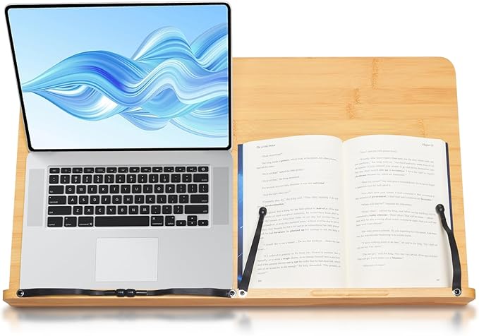 wishacc 24" Oversized Large Bamboo Book Stand & Holder for Reading Hands Free for Large Books in Bed,Cookbook,Textbook,Law,with 8 Adjustable Height Laptop Stand