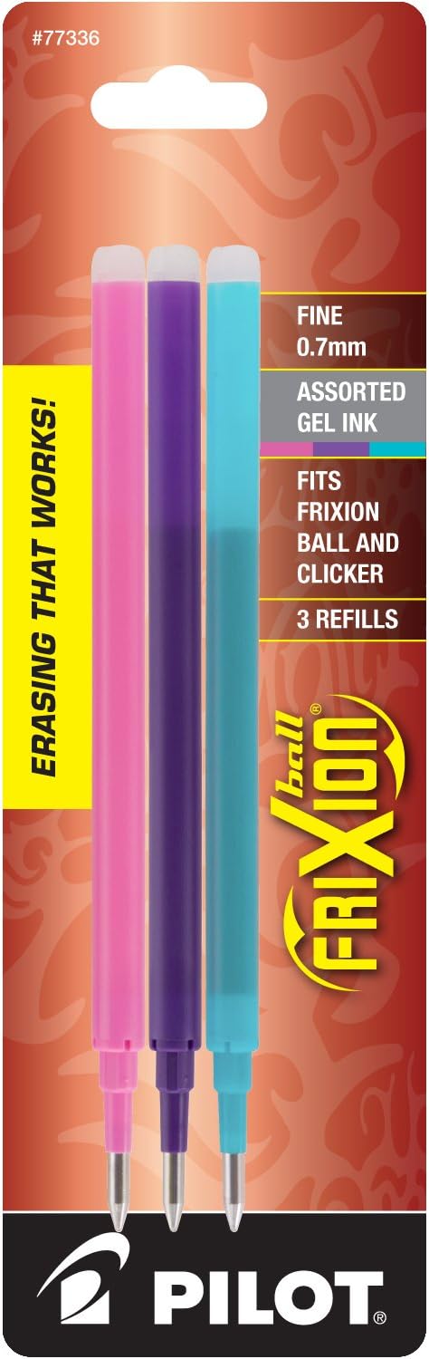 Pilot, FriXion Ball Gel Ink Refills for Erasable Pens, Fine Point 0.7 mm, Pack of 3, Pink, Purple & Turquoise