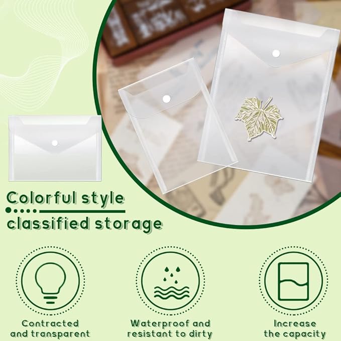 Vmiapxo 40 Pack Stamp and Die Storage Pockets, Reusable Small Plastic Envelopes Waterproof Sticker Organizer Receipt Holder Photo Storage Folders (Mixed Size)