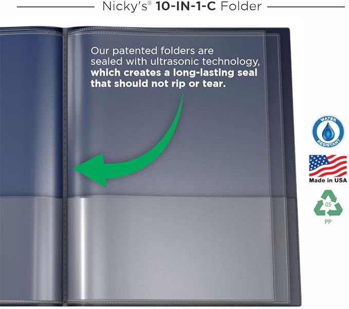 Nicky's® Multi Pocket Organizer, 10 or 14 Page Folder, Waterproof, Patented Tear-Resistant, Flexible Plastic, Proudly Made in USA, Binder Substitute. (10-in-1 Navy Blue)