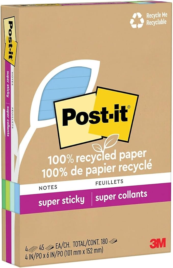 Post-it 100% Recycled Paper Super Sticky Notes, Lined, 4 in. x 6 in., 4 Pads, 45 Sheets per Pad, Oasis Collection, School Supplies and Office Products