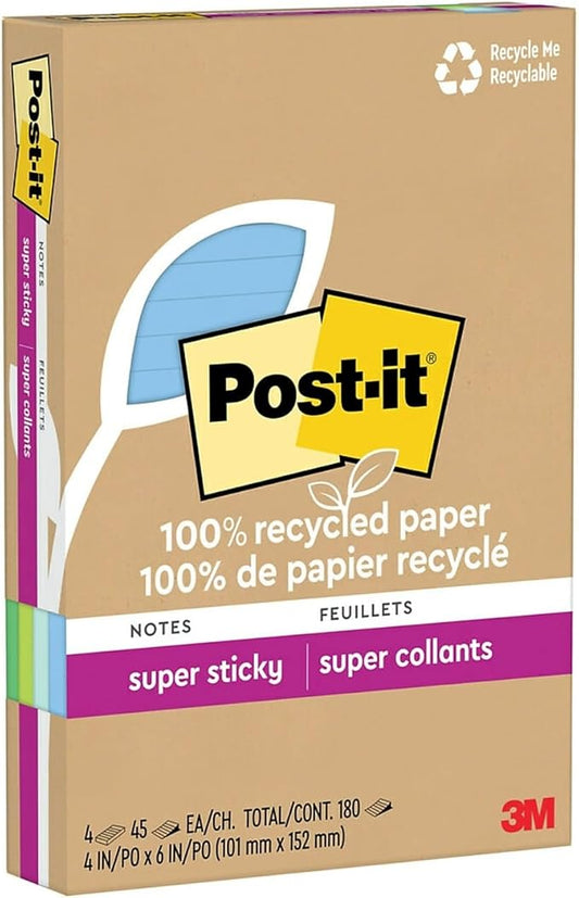 Post-it 100% Recycled Paper Super Sticky Notes, Lined, 4 in. x 6 in., 4 Pads, 45 Sheets per Pad, Oasis Collection, School Supplies and Office Products