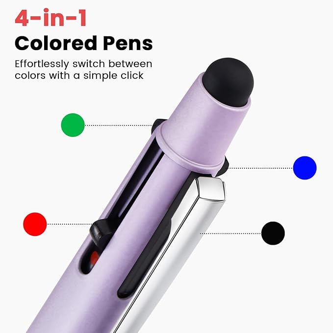 Sooez Multicolor Pen in One, Sleek Metallic 4 Color Ballpoint Pens, Medium Point (1.0mm), Retractable Ball Pen with Stylus Tip, Journaling Planner Pens for Nursing School Office Supplies, 3 Pack, Pink