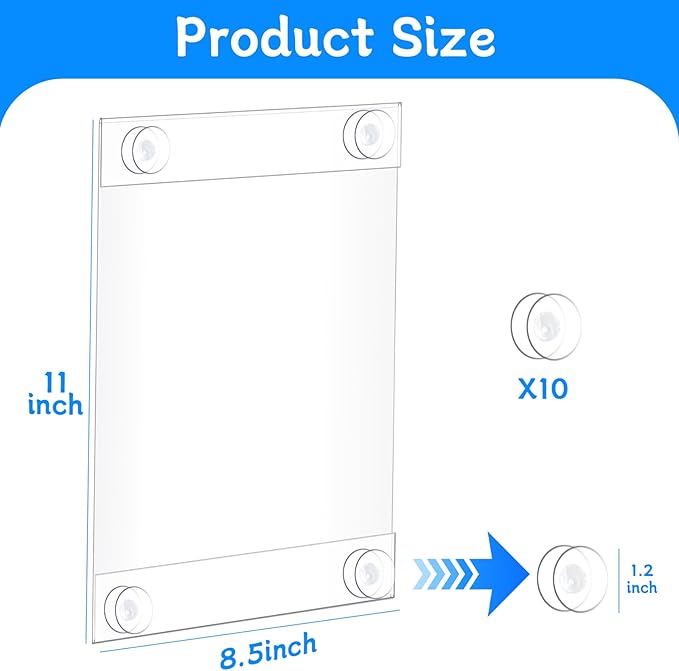 8.5 x 11 Acrylic Sign Holder with 12 Suction Cups, Clear Plastic Window Sign Holder, Wall Mount Advertising Frames for Glass Doors - Perfect for Malls, Offices, Homes, Stores, and Restaurants (2 Pack)