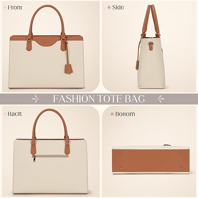 RAINSMORE Laptop Bag for Women 15.6 Inch Waterproof Leather Computer Tote Bag Professional Business Office Work Bags Briefcase Large Capacity Lightweight Women Handbag Shoulder Bag, Beige and Brown