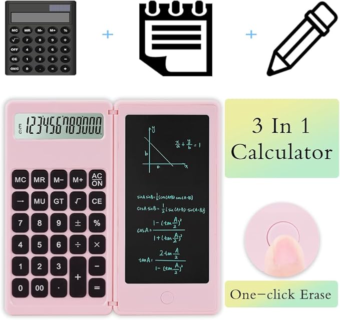 Desk Calculator, Desktop Small Calculator with Writing Notepad, Basic 4-Function Math Large Button Calculator, School Supplies for Kids, Middle/High School Students (Pink)