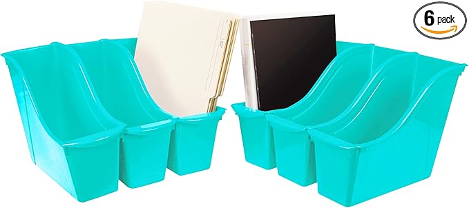 Storex Small Book Bin, Linking Storage Bin, Dry Erase Surface, 11.75" x 8.5" x 4.5" STEM Turquoise (Pack of 6)