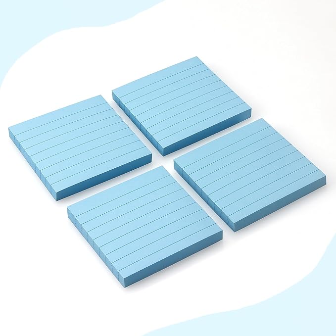 Lined Sticky Notes 3x3 Sticky Notes with Lines Self-Stick Notes Bright Color 4 Pads 90 Sheets/Pad (Light Blue)