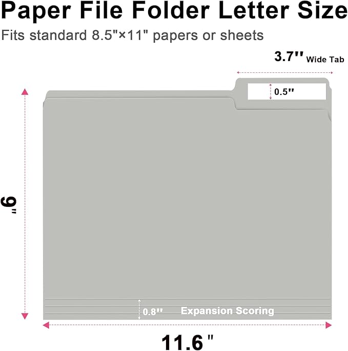 File Folder, RAZCC 150 Pack 1/3 Cut Tab File Folders Letter Size, Grey, Folders with Tab, Great for Organizing and Easy File Storage