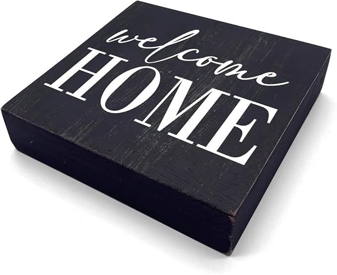 Welcome Home Sign Home Decor Desk Decor Wooden Box Sign Rustic Black Wood Block Plaque Box Sign for Women Family Friends Farmhouse Living Room Kitchen Bedroom Shelf Table Decoration