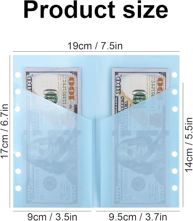 A6 Binder Pockets with No Zipper, Koqye Blue 10 Pcs Plastic Zipless Budget Envelopes, Two Pockets Frosted Cash Envelopes Money Bag for Budgeting, Cash Stuffing (Light Blue)