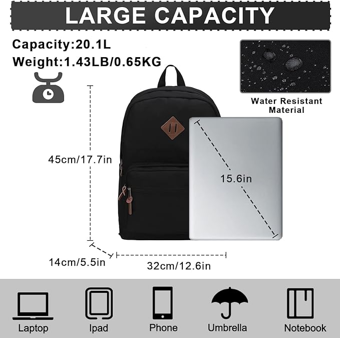 RAVUO School Backpack for Men Women, Water Resistant 15.6 inch Laptop Back Packs Bookbags College Daypack Black Bag with Side Pockets