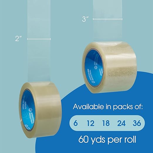 Spartan Industrial - 3" X 60 yd Clear Packing Tape Rolls - 12 of Wide Heavy Duty Tape for Packing, Moving, Shipping, and More - 2.7 Mil