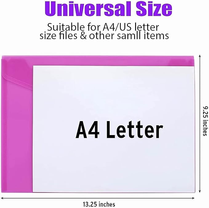 Sooez 6 Pack Plastic Envelopes, Plastic File Folders for Documents, Clear School Folder, Colored File Folders Letter A4 Size, Waterproof Poly Envelopes with Closure, 6 Color