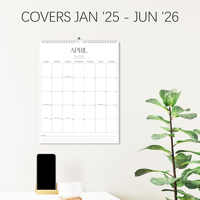 2025-2026 Wall Calendar Sleek Calendar 2025-2026 Runs from January 2025 to June 2026, Big 18 Months Spiral Hanging Wall Calendar for Home/Office w/Premium Paper and Large Blank Space