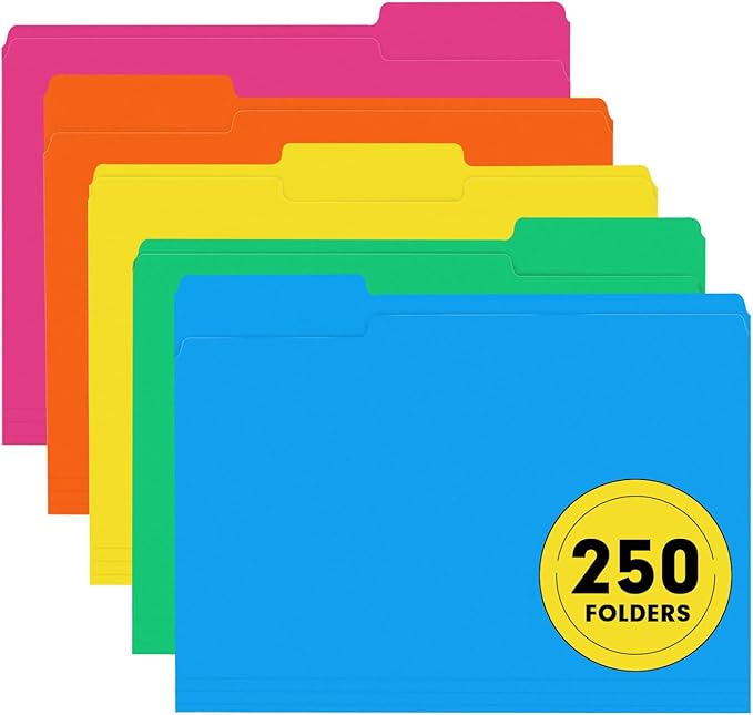 File Folder, RAZCC 250 Pack 1/3 Cut Tab Colored Folders, Colored File Folder Letter Size for Office Classroom Use, Folders with Tabs Assorted 5 Colors