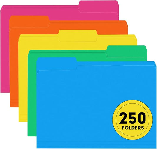 File Folder, RAZCC 250 Pack 1/3 Cut Tab Colored Folders, Colored File Folder Letter Size for Office Classroom Use, Folders with Tabs Assorted 5 Colors