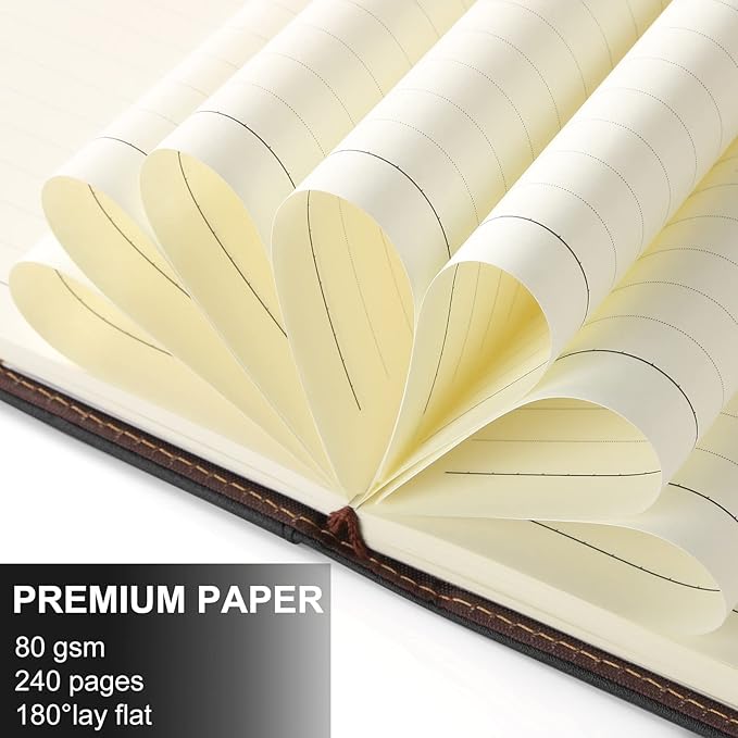 Lined Refill Paper for Hardcover Leather Notebook, A5 Refill Page for Refillable Notebook with Pocket, 240 Pages Notebook Paper with Ribbon Bookmark