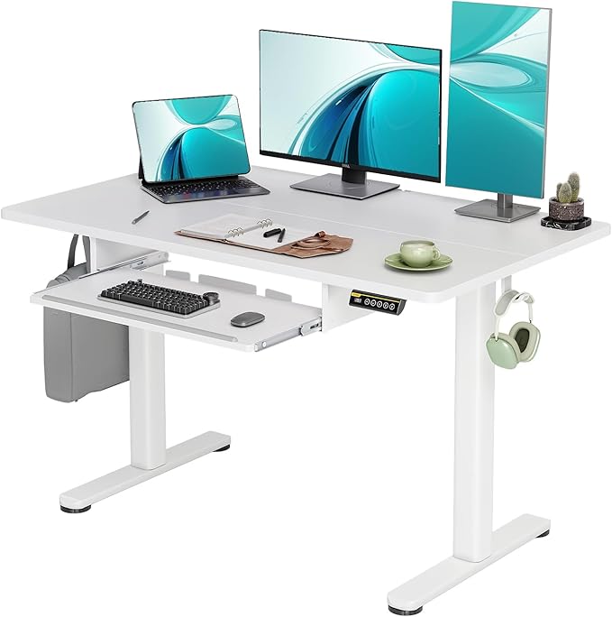 Standing Desk with Keyboard Tray, Electric Standing Desk Adjustable Height, 48x24 Inches Sit Stand up Desk with Splice Board, Raising Desk for Home Office, White