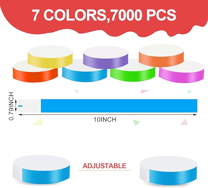 7000 Counts Wristbands for Events, Paper Wristbands Neon Wrist Bands Waterproof Colored Bracelets for Parties, Concerts, Sports, Fairs, Travel, Pool Pass