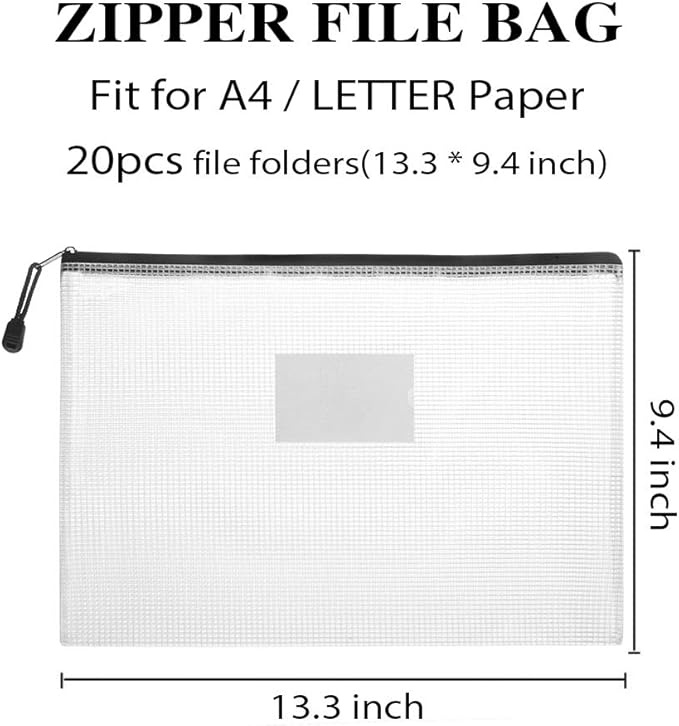 Sooez 20 Pack Mesh Zipper Pouch with Label Pocket, Plastic Zip File Folders, Letter Size A4 Zipper Document Bag for School Office Supplies, Black