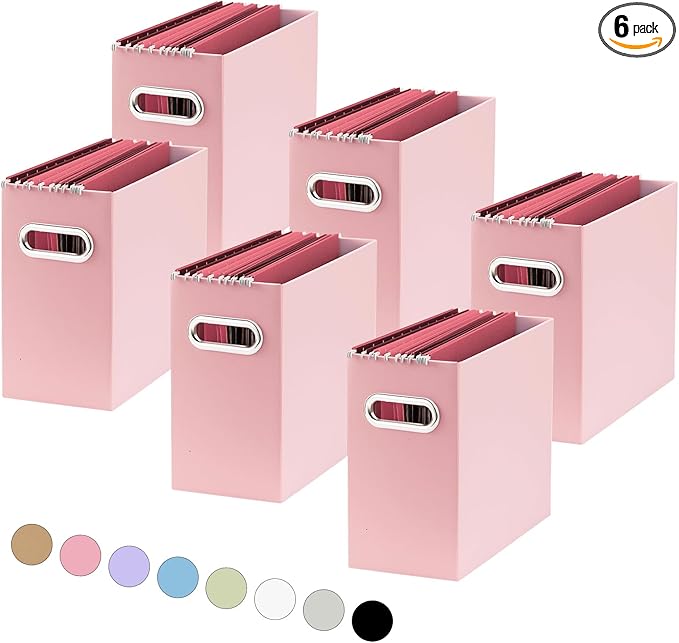 Oterri File Organizer, Small Storage Box, Cardboard File Folder Organizer, Collapsible File Box, Hanging File Organizer for Letter Size, Portable File Box with Handle, Only Box（Pink，6 Packs）