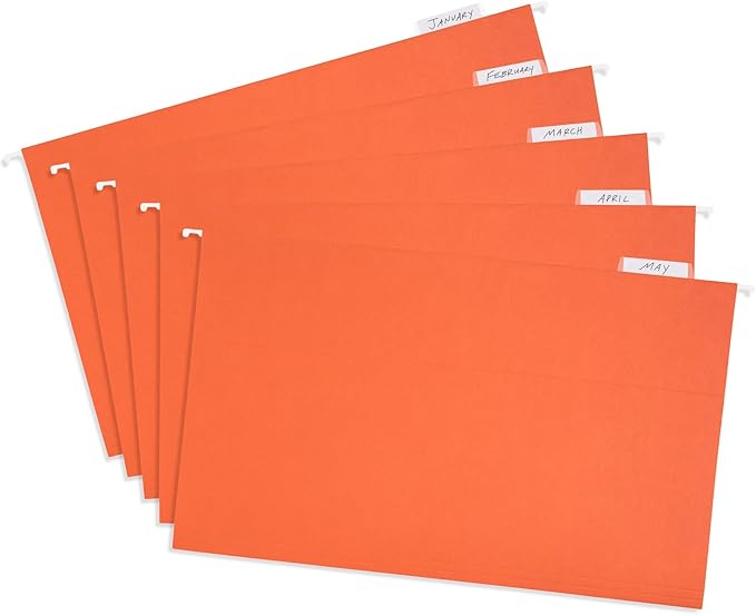 25 Blue Summit Supplies Legal Size Hanging Orange File Folders with Plastic Tabs and Inserts, 11pt Durable Paper, Legal Size File Folders for Office Organization