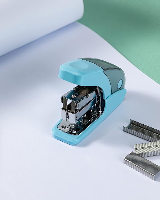 PAPERPAL Effortless Mini Stapler Set, 20 Sheet Capacity, Integrated Remover & Staple Storage, Holds 1/4" Staples, Includes 1000 Staples, Lightweight, Office, School & Daily Use, Light Blue