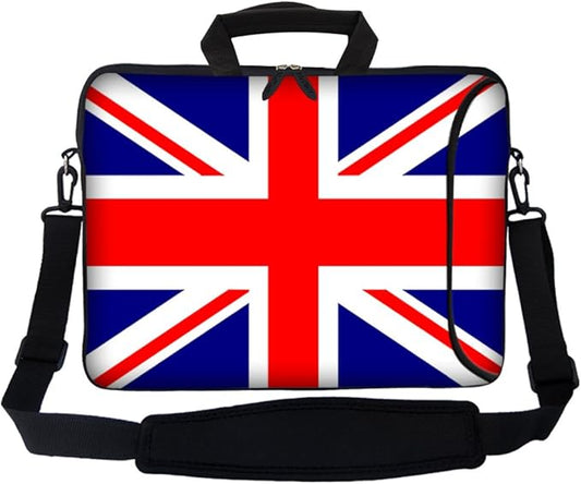 Meffort Inc 17 Inch Neoprene Laptop Bag with Extra Side Pocket, Soft Carrying Handle & Removable Shoulder Strap Fit 16" to 17.3" Size - UK Flag