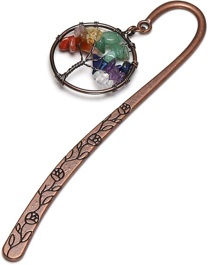 Jovivi Antique Copper Metal Bookmark Beading Bookmarks with Handmade 7 Chakra Tree of Life Tumbled Gemstones