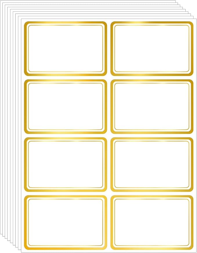 2" x 3" 200 PCS Name Labels, Waterproof Blank Name Tag Stickers with Permanent Adhesive Writable Stickers with Metallic Gold Border for School Office Home