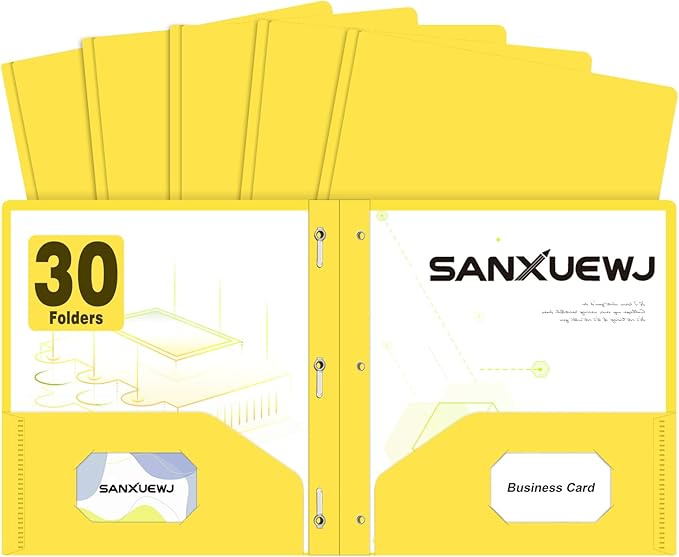 Folders with Pockets,SANXUEWJ 30 Pack Two Pocket Folders Business Card Holder Plastic Folders with Prongs for School Office Filing Cabinet Resume Portfolio (Yellow)
