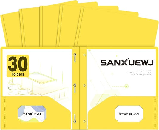 Folders with Pockets,SANXUEWJ 30 Pack Two Pocket Folders Business Card Holder Plastic Folders with Prongs for School Office Filing Cabinet Resume Portfolio (Yellow)