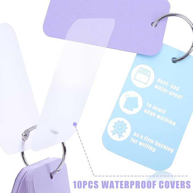 Koogel 250PCS Index Cards with Ring, Colored Study Cards Waterproof Covers 2.2 x 3.5 Inch Blank Notecards Flash Cards for School Learning Memory Office Recipe Game Cards