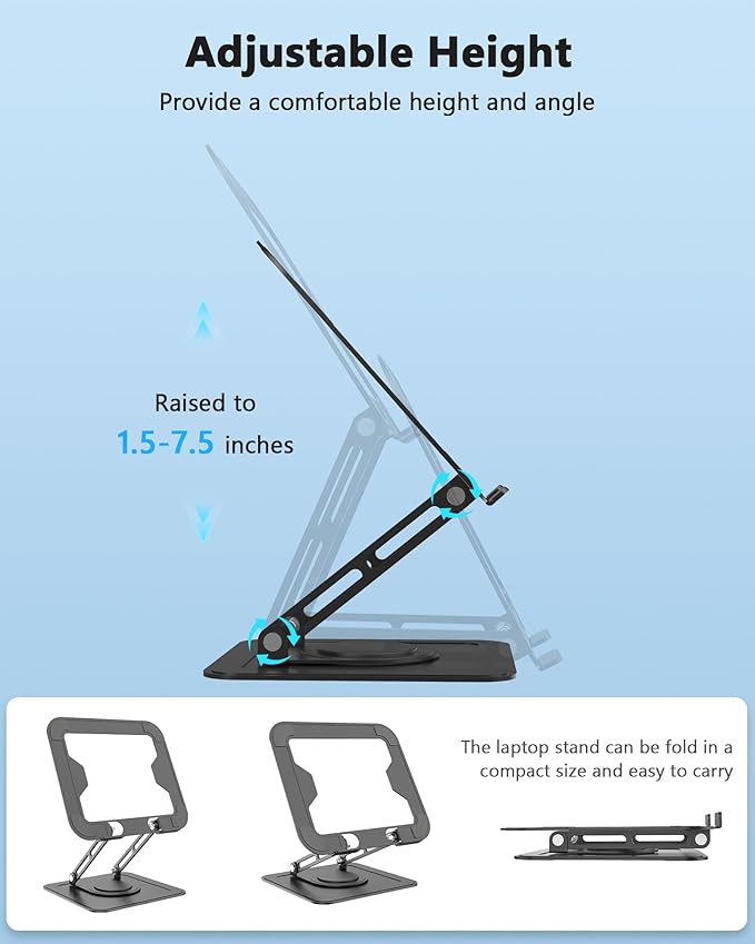Adjustable Laptop Stand, Computer stand with 360 Rotating Base, Ergonomic Laptop Riser for Desk Foldable Laptop Mount Protable Computer Stand for Laptop Fits with MacBook Pro Air (10-16") - Black